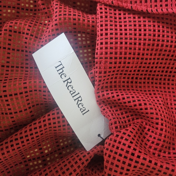 Akris Punto Perforated Adjustable Waist Short Sleeve Hi-Low Peplum Top, Red - Picture 11 of 16